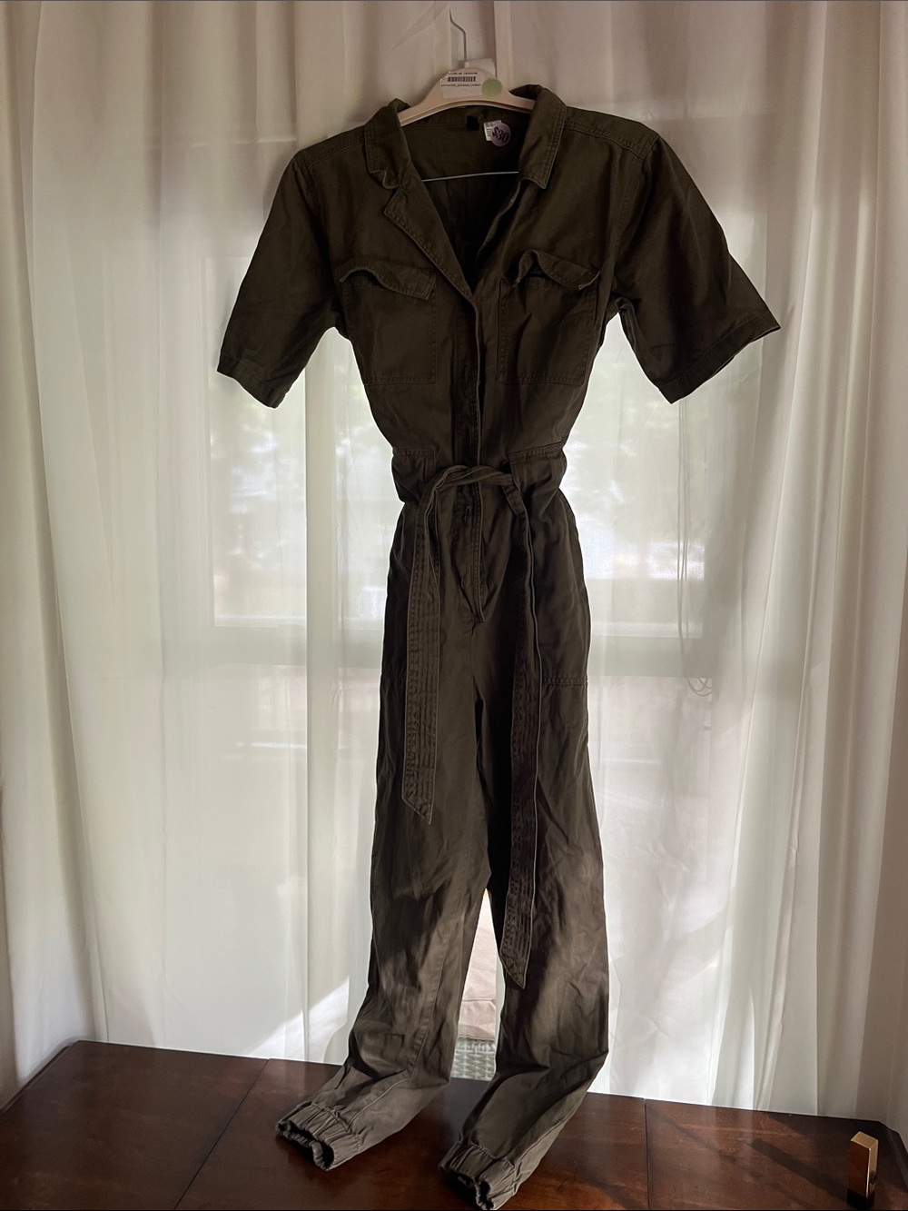 H&M Olive Green Short-Sleeve Utility Jumpsuit with Tie Waist